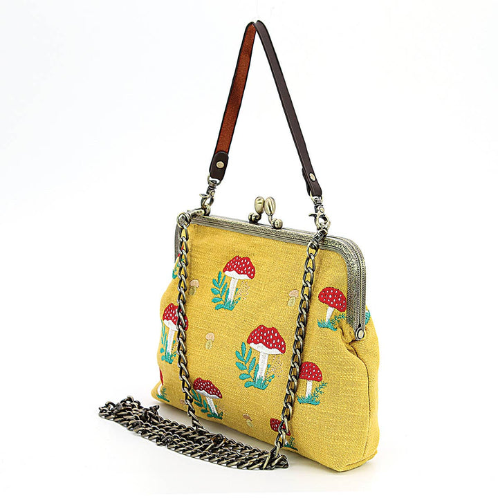 Mushrooms Kisslock Frame Handbag in Cotton: Black