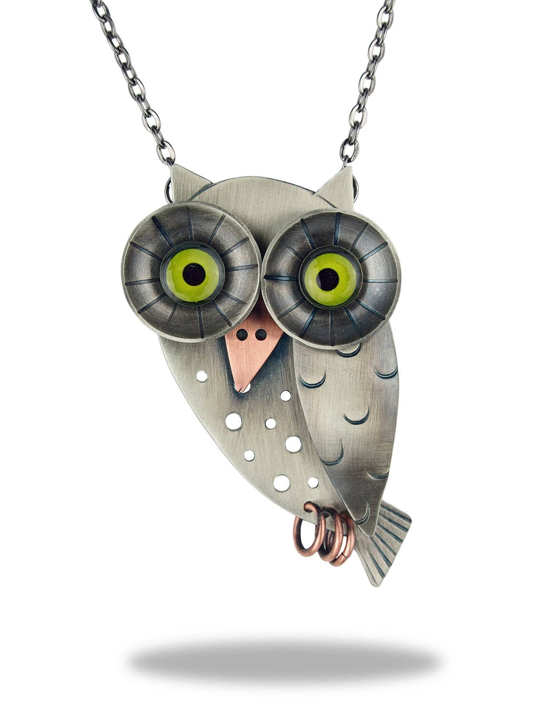 Wise Owl Necklace — brushed nickel silver owl with brass epoxy resin eyes and dangling feet by Chickenscratch