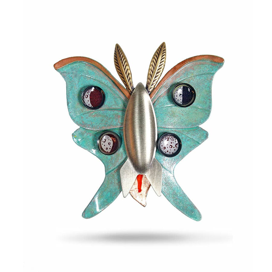 Lunar Moth Pin — verdigris brass wings, nickel silver rocket, epoxy resin moon phases brooch by Chickenscratch