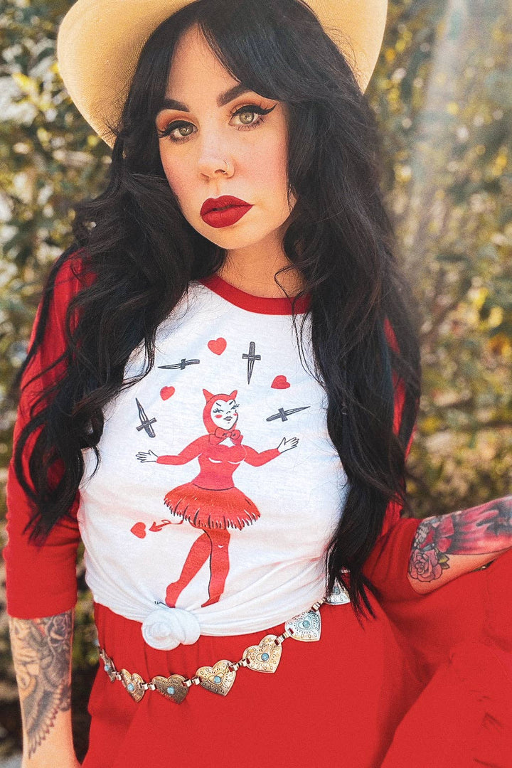 Dagger Devil Unisex Raglan Tee in White/Red: Unisex