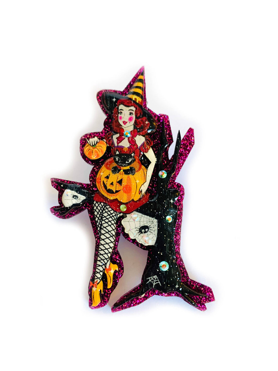 Meggie the Witch & her Pumpkin Cat Brooch by Rosie Rose Parker