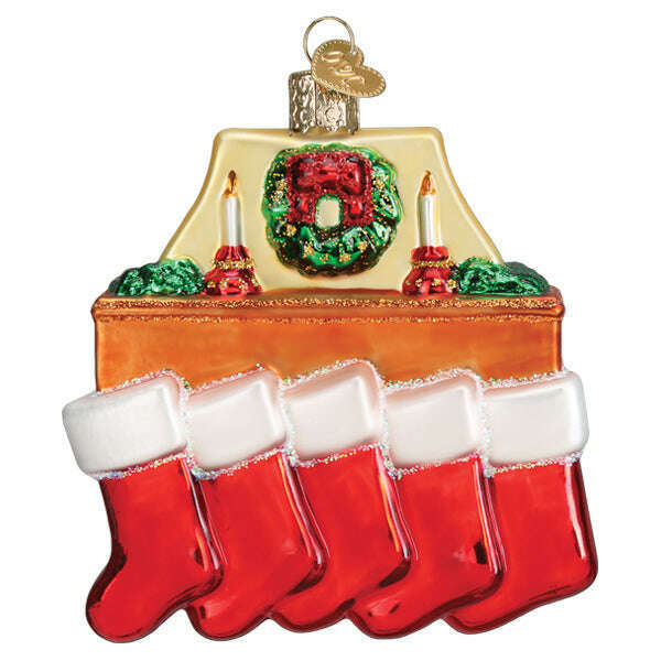 Old World Christmas Family of 5 Stockings Blown Glass Ornament