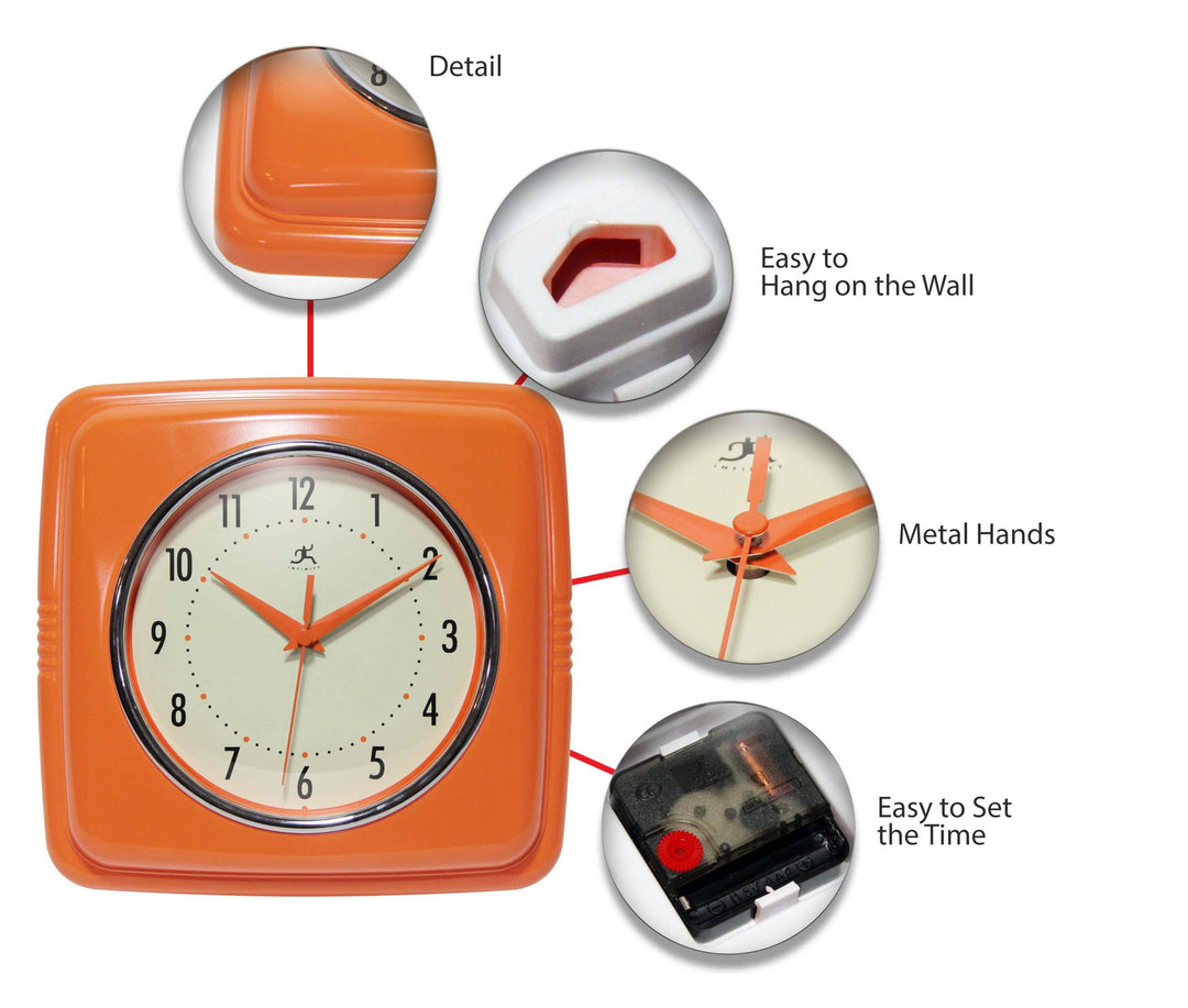 Retro Square Orange Indoor Wall Clock