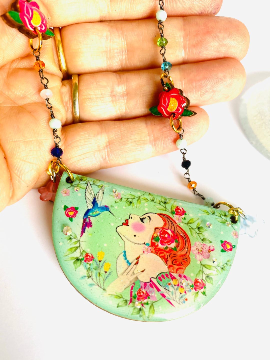 Lady and Hummingbird Statement Necklace by Rosie Rose Parker