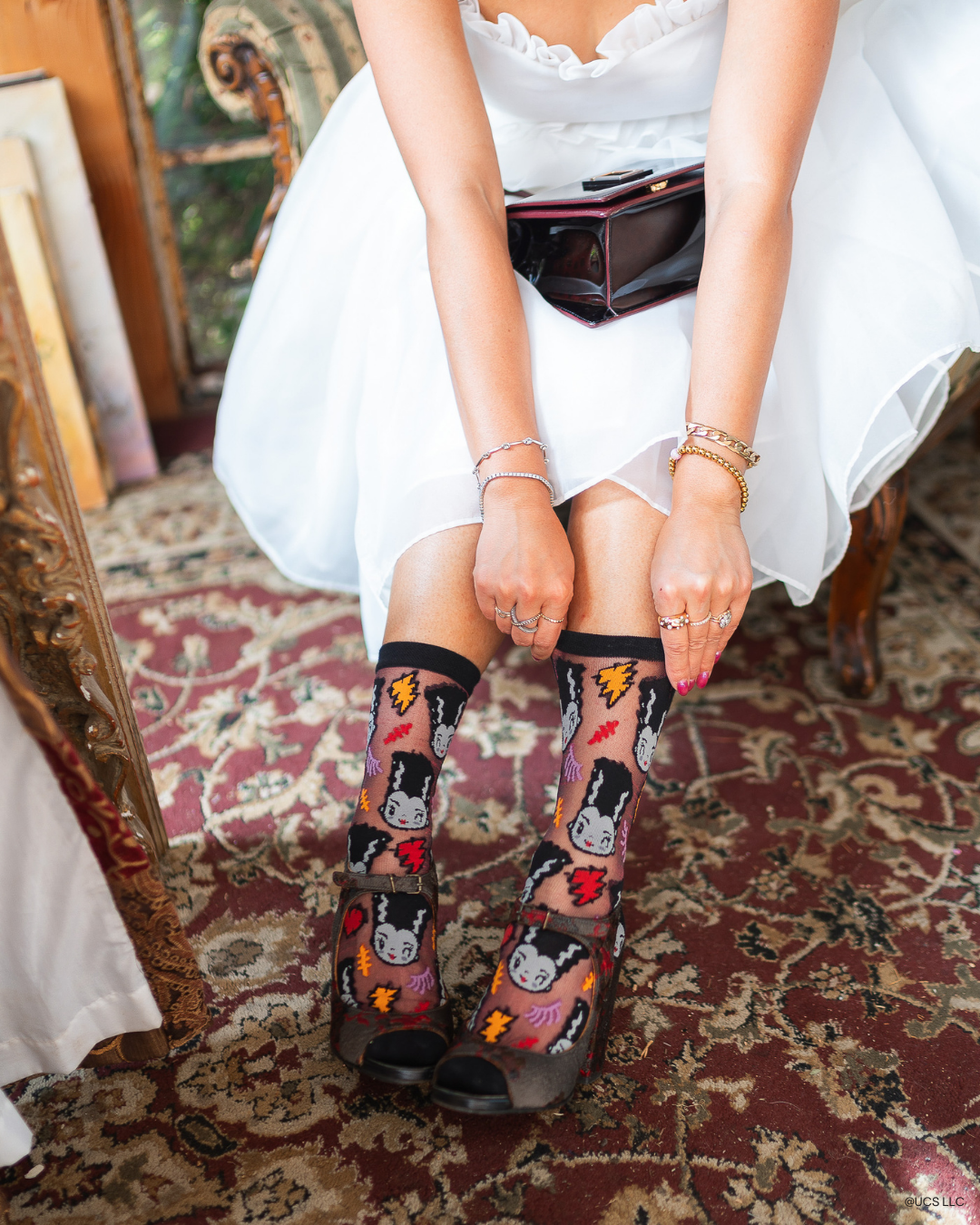 Bride of Frankenstein Shimmer Sheer Crew Sock