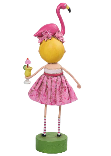 Decorative figurine with a pink flamingo head and yellow body, wearing a pink dress, on a white background.
