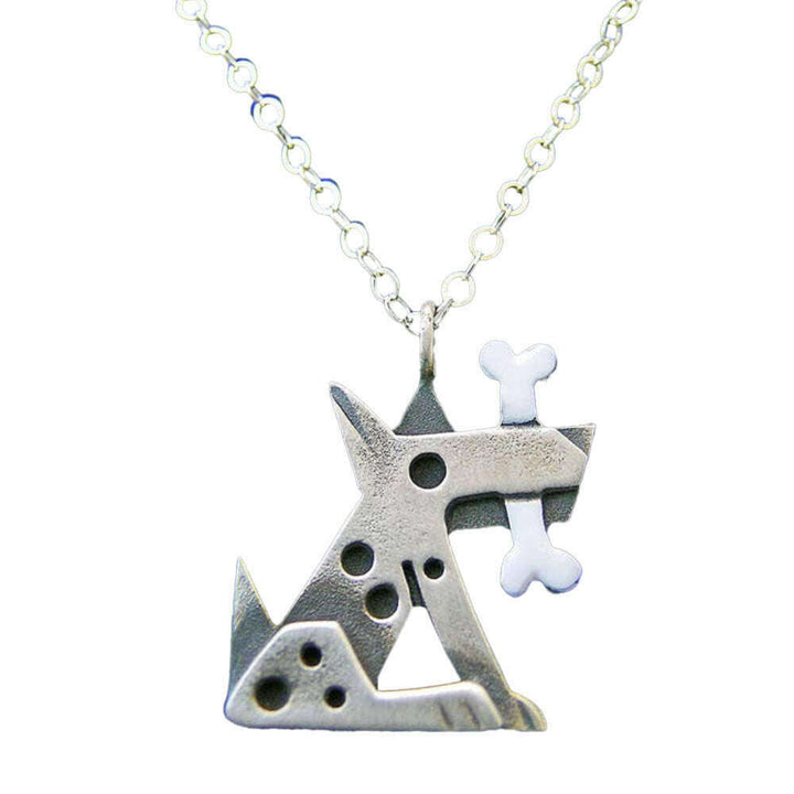 Chickenscratch Fido Dog Pendant — cast sterling silver dog charm necklace with enamel painted bone on 18-inch sterling silver chain