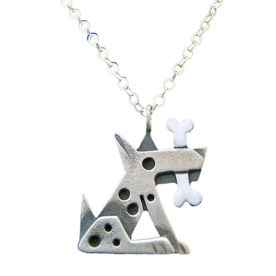 Chickenscratch Fido Dog Pendant — cast sterling silver dog charm necklace with enamel painted bone on 18-inch sterling silver chain