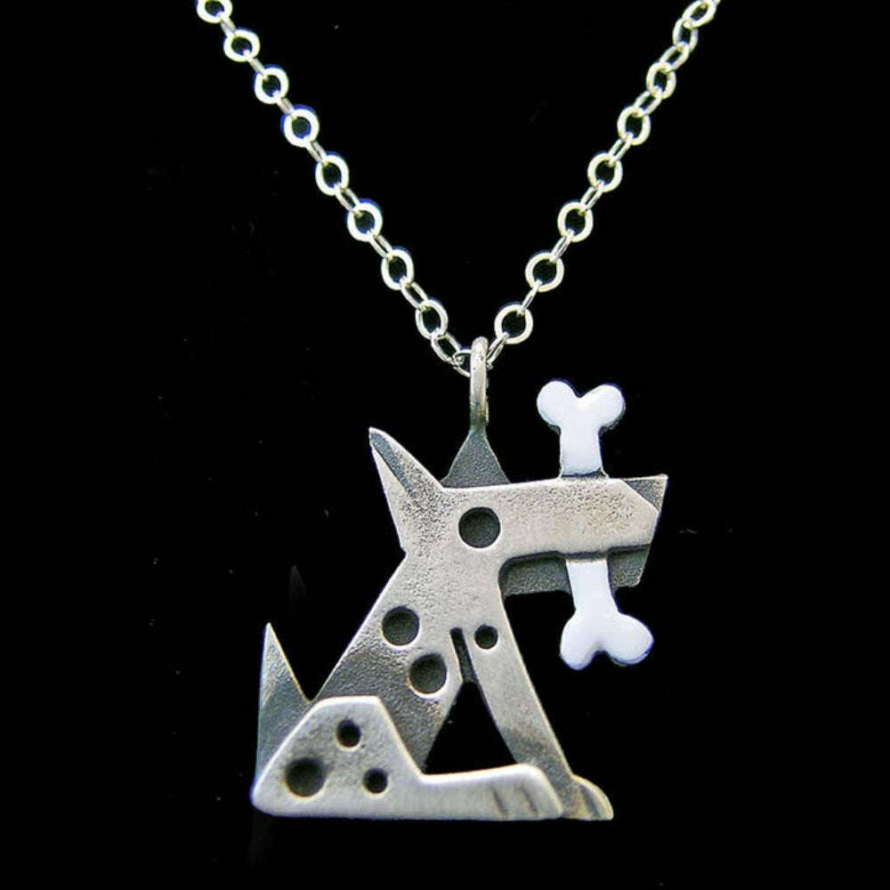 Chickenscratch Fido Pendant detail — artisan sterling silver dog necklace handmade in USA