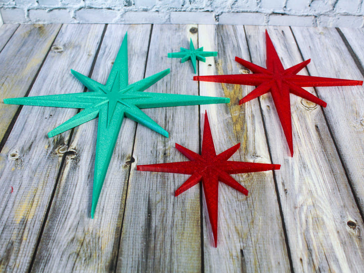 Midcentury Modern Holiday Sparkle Starbursts Wall Decor (4 Pack - Green Sparkle/Red Sparkle)