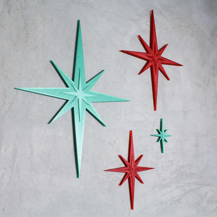 Midcentury Modern Holiday Sparkle Starbursts Wall Decor (4 Pack - Green Sparkle/Red Sparkle)