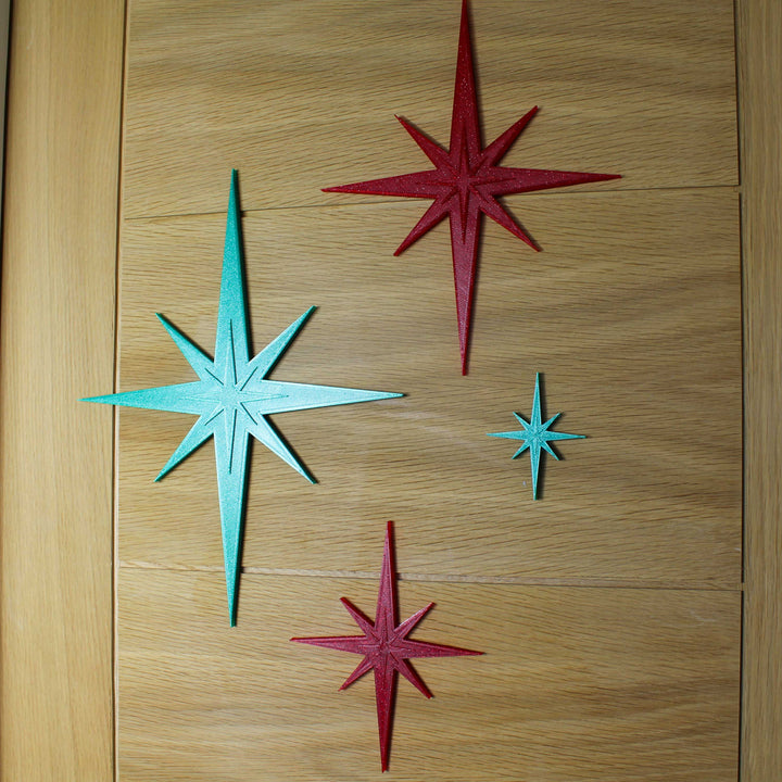 Midcentury Modern Holiday Sparkle Starbursts Wall Decor (4 Pack - Green Sparkle/Red Sparkle)