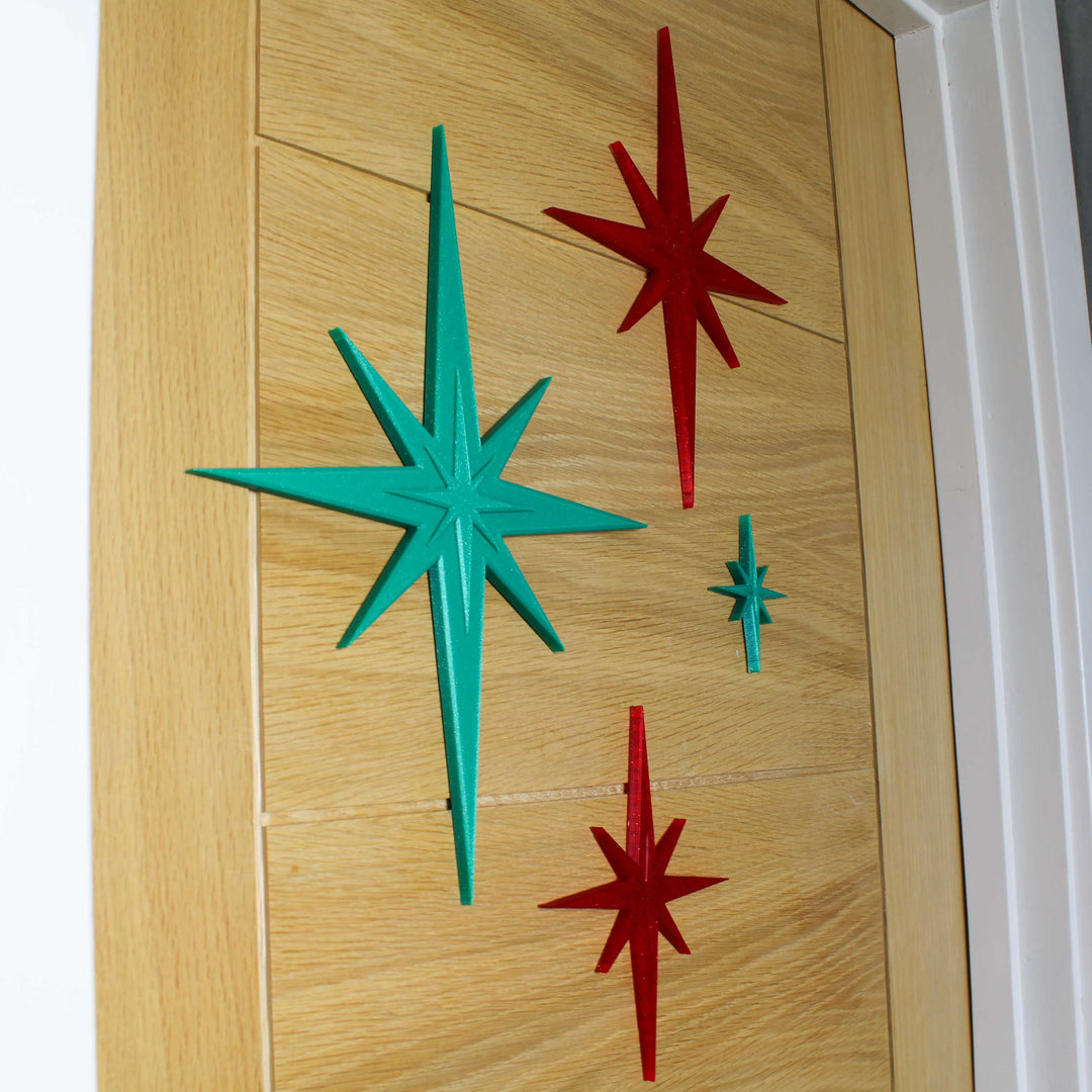 Midcentury Modern Holiday Sparkle Starbursts Wall Decor (4 Pack - Green Sparkle/Red Sparkle)