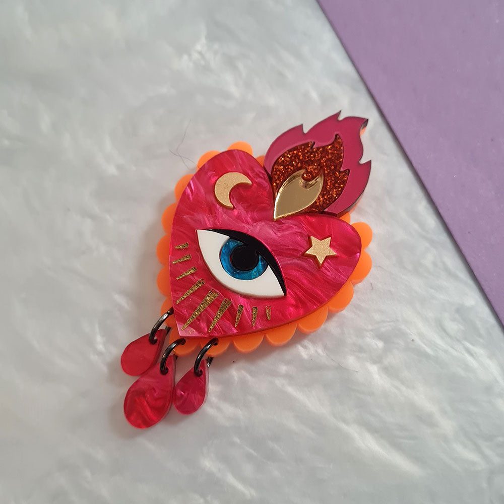 Flaming Heart Pin Brooch - Pink Neon Orange by Cherryloco Jewellery 3