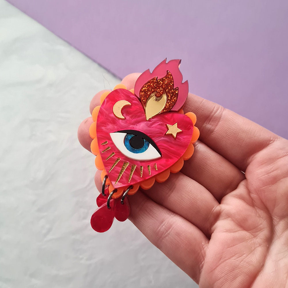 Flaming Heart Pin Brooch - Pink Neon Orange by Cherryloco Jewellery 4