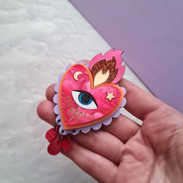 Flaming Heart Statement Brooch- Pink Neon Orange by Cherryloco Jewellery 5