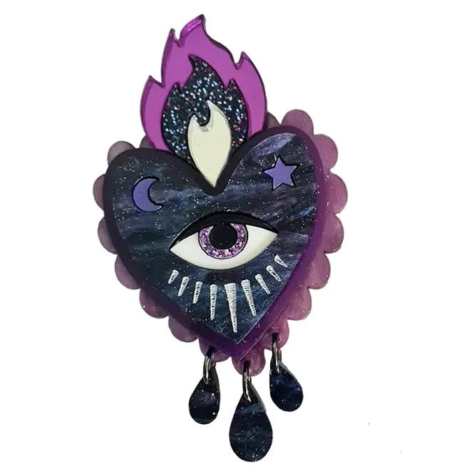 Flaming Heart Statement Brooch purple