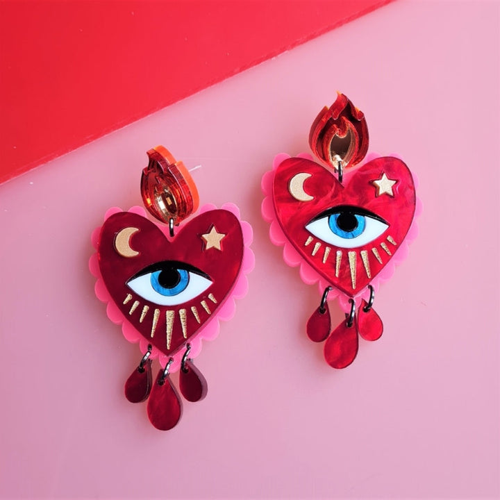 Flaming Heart Statement Earrings by Cherryloco Jewellery