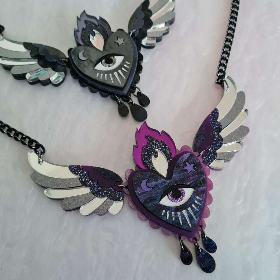 Flaming Winged Heart Statement Necklace - Two Colours by Cherryloco Jewellery 