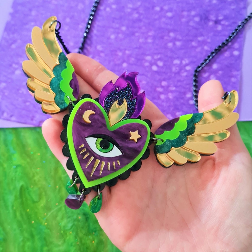 Flaming Winged Heart Statement Necklace - Neon Green and Purple 1