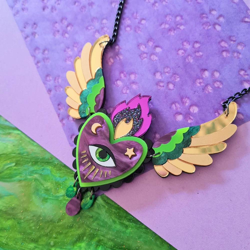 Flaming Winged Heart Statement Necklace - Neon Green and Purple 3