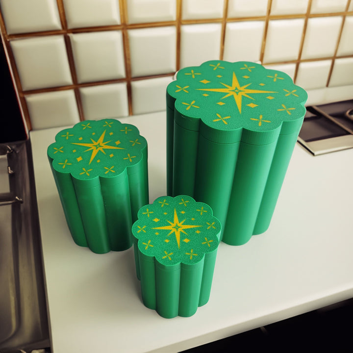 Mid Century Modern Retro Style Flower Starburst Kitchen Canisters Set of 3