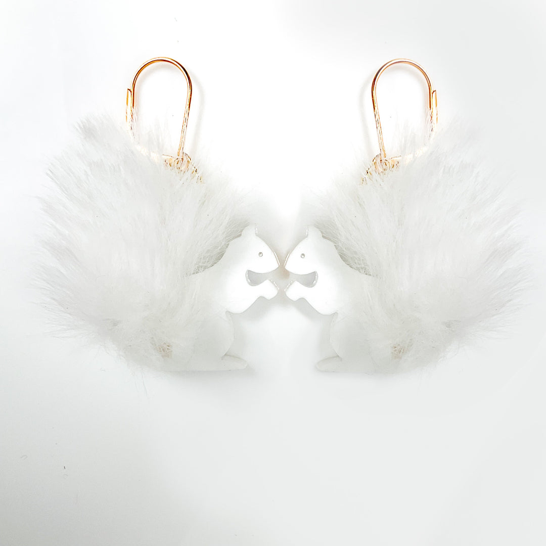 Fluffy Lucky Albino Squirrel Dangle Earrings with Faux Fur