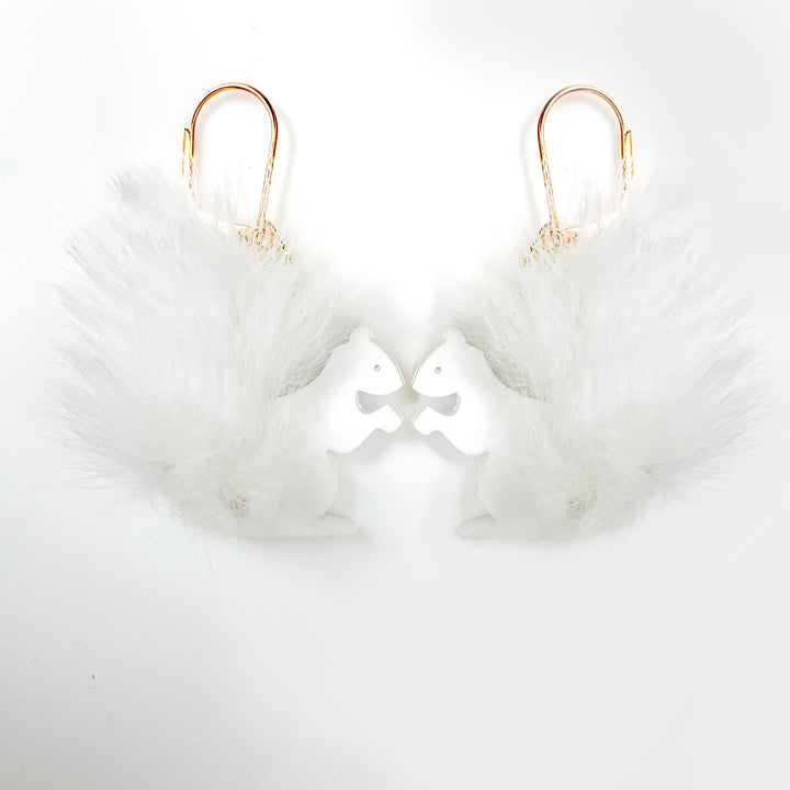 Fluffy Lucky Albino Squirrel Dangle Earrings with Faux Fur