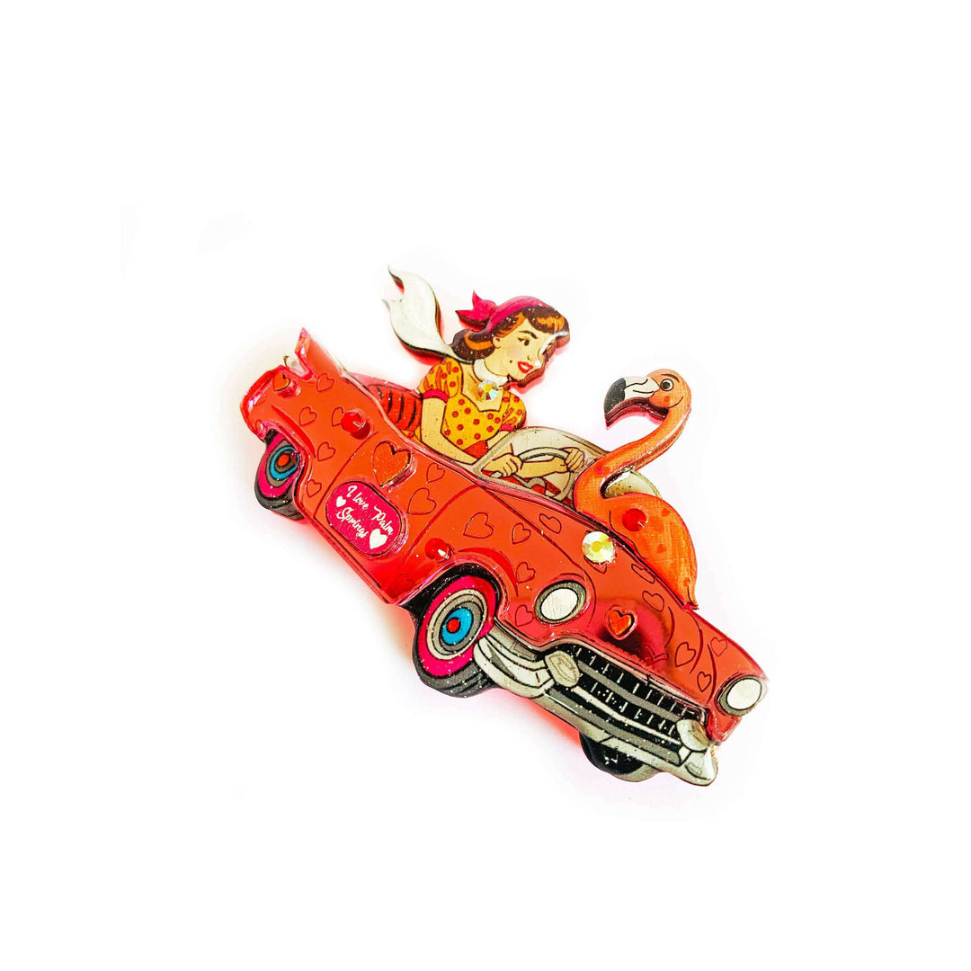 Frankie & the Flamingo Car Brooch by Rosie Rose Parker