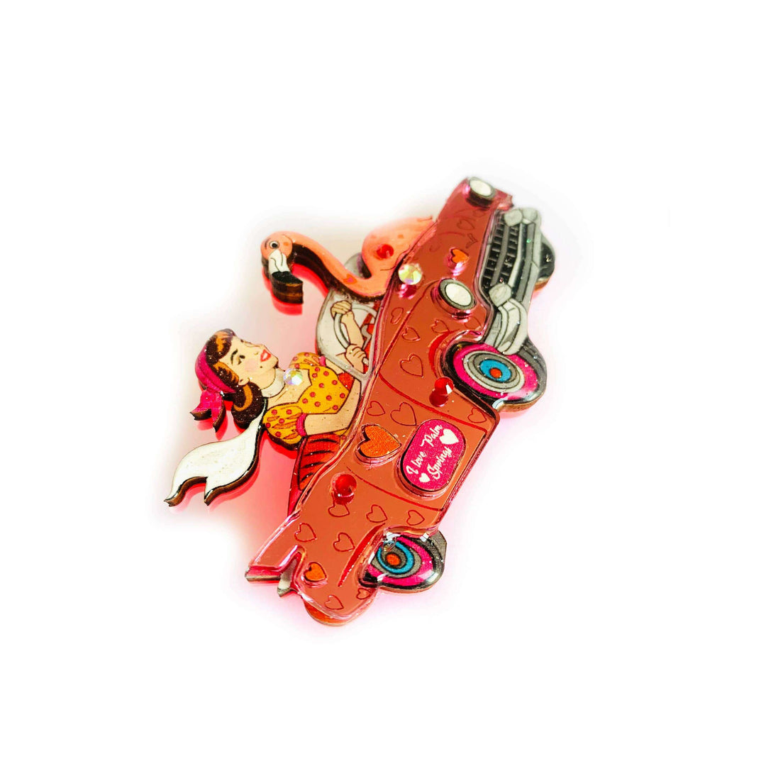 Frankie & the Flamingo Car Brooch by Rosie Rose Parker