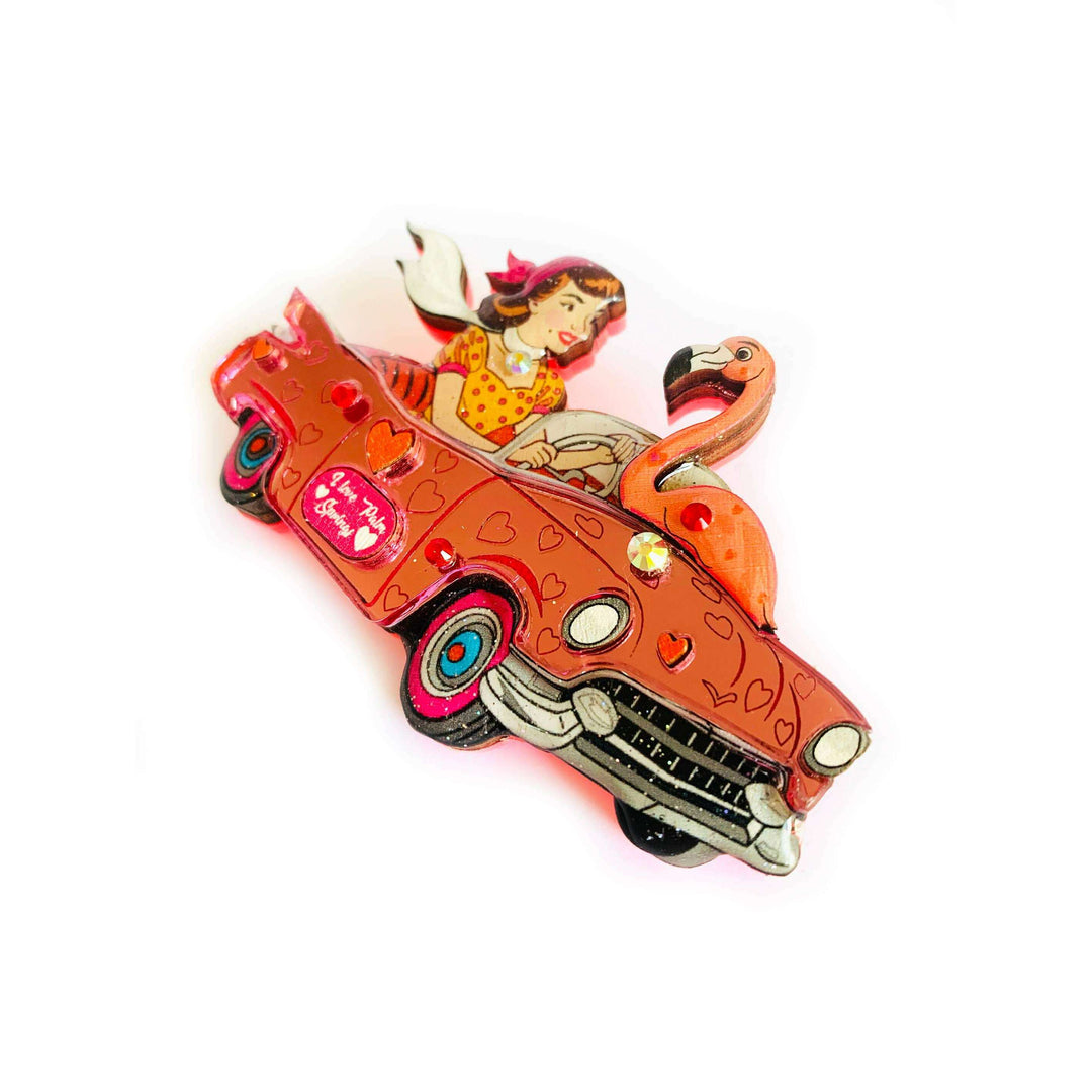 Frankie & the Flamingo Car Brooch by Rosie Rose Parker
