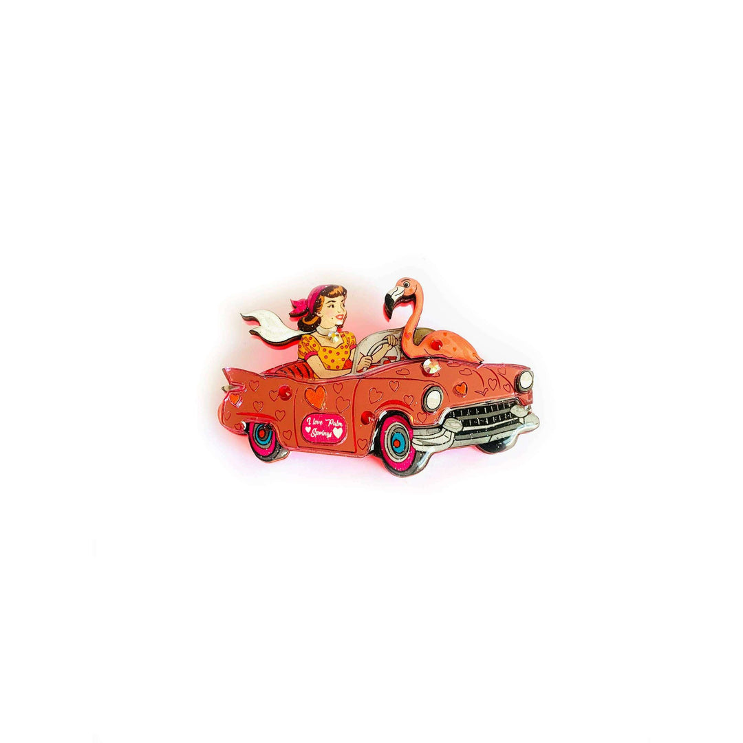 Frankie & the Flamingo Car Brooch by Rosie Rose Parker