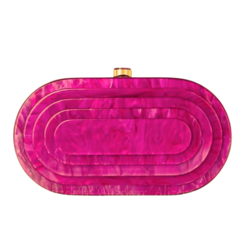 Add a touch of vintage-inspired flair to your outfit with this bold fuschia Art Deco Acrylic Clutch Handbag. This beautiful pearlized resin bag can be worn as a clutch or crossbody, and features a hinged closure for easy access. At just 1.28 lbs and measuring 8.25" x 4.5", it's the perfect size for all your essentials. It also has an internal chain that can flip out to make it double as a shoulder bag or crossbody.