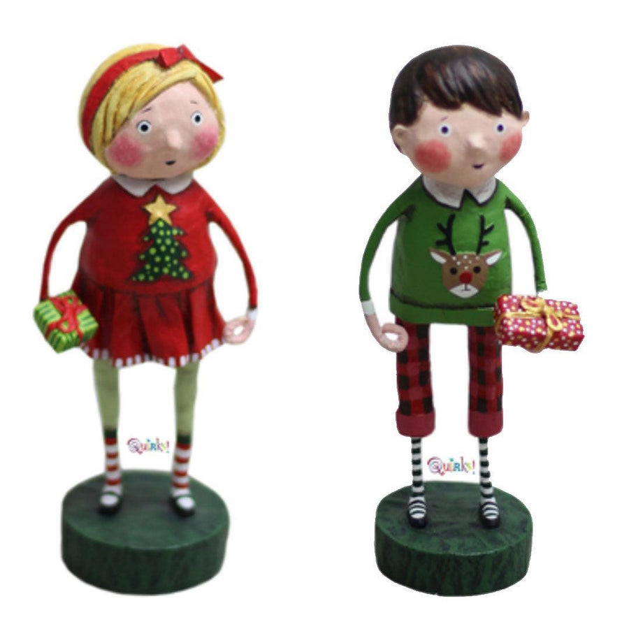 Gift Exchange Boy & Girl Set of 2 Christmas Figurines by Lori Mitchell - Quirks!