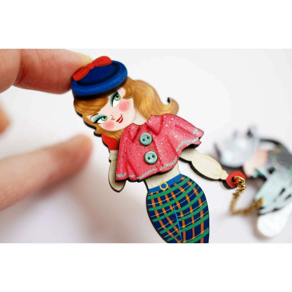 Girl with Cat on Sled Brooch by Laliblue – view 3