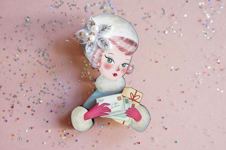 Girl with Christmas Postcards Brooch by Laliblue - Quirks!