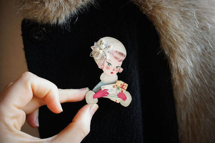 Girl with Christmas Postcards Brooch by Laliblue - Quirks!