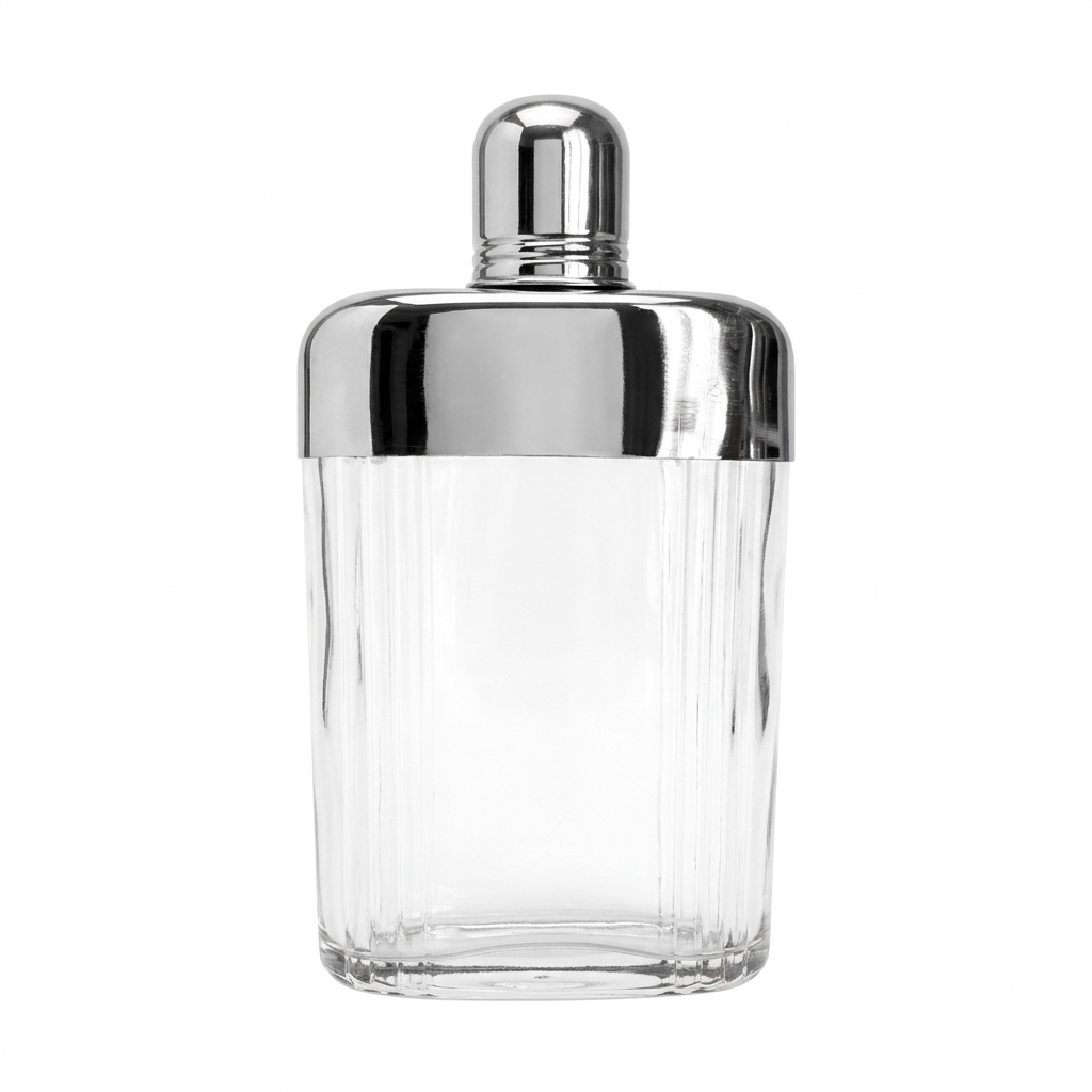 Vintage Art Deco Ribbed Glass Hip Flask with Chrome Top