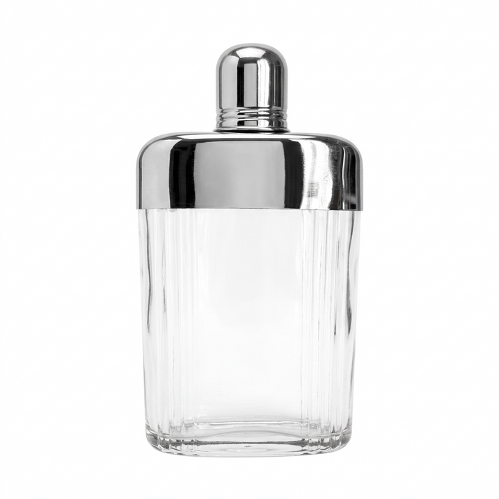 Vintage Art Deco Ribbed Glass Hip Flask with Chrome Top