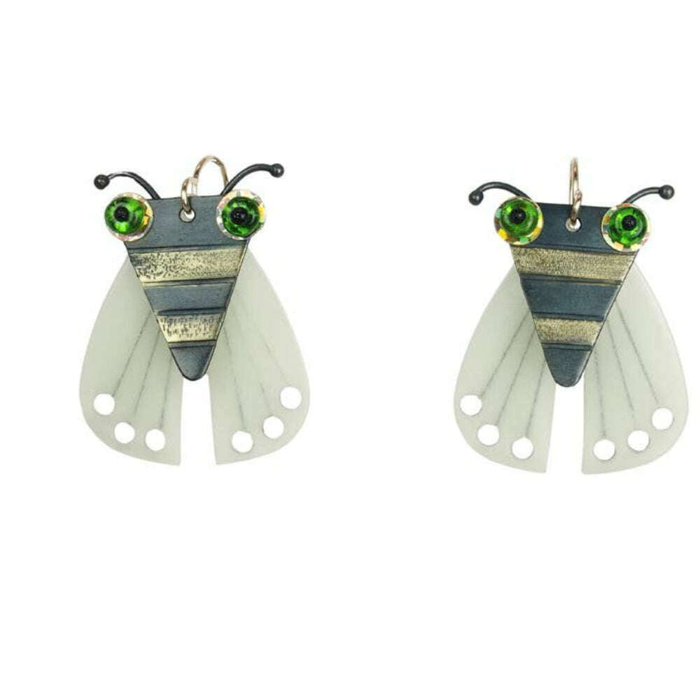 Chickenscratch Glow Bug Earrings — glow-in-the-dark guitar pick wing earrings with articulated brass bodies, gold prismatic eyes, and gold-filled ear wires