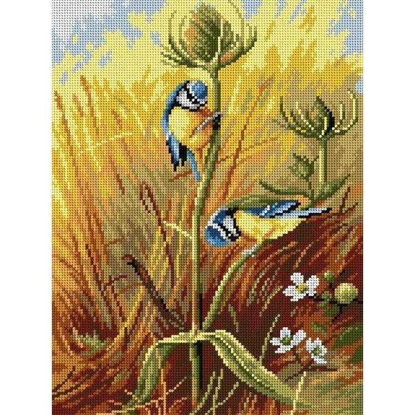 Gobelin canvas for halfstitch without yarn after Archibal Thornburn - Bluetits on a Teasel
