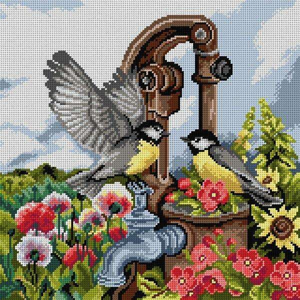 Gobelin canvas for halfstitch without yarn Birds at the Hand Pump