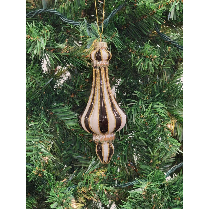 Gold and White Striped Finial Glass Christmas Ornament F07M7-6-LH76-23037
