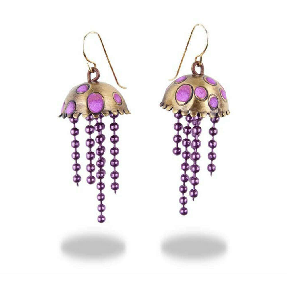 Chickenscratch Grape Jellyfish Earrings — handmade brass glow-in-the-dark purple jellyfish earrings with anodized aluminum tentacles, gold-filled ear wires