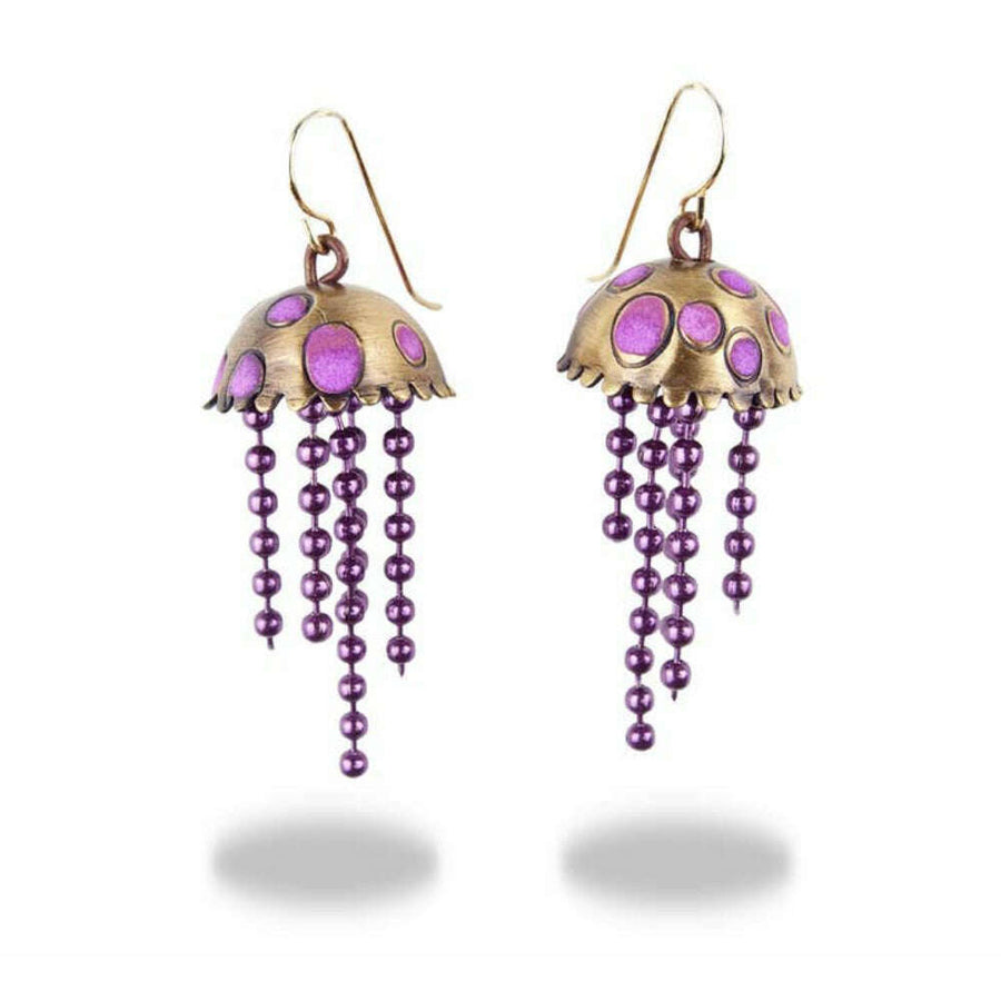 Chickenscratch Grape Jellyfish Earrings — handmade brass glow-in-the-dark purple jellyfish earrings with anodized aluminum tentacles, gold-filled ear wires
