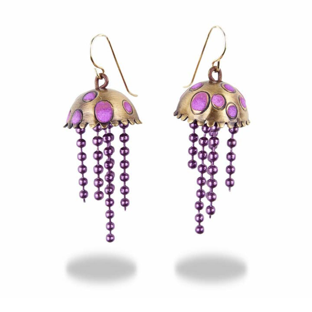Chickenscratch Grape Jellyfish Earrings — handmade brass glow-in-the-dark purple jellyfish earrings with anodized aluminum tentacles, gold-filled ear wires