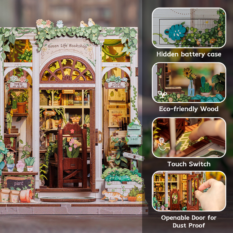 Green Life Bookshop Dollhouse Kit - Miniature Wizardi Roombox Kit with LED Light F07M51-88-CWGC203