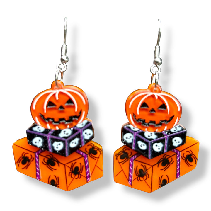Halloween Happy Mail Earrings by 50's Vintage Dame x Lipstick & Chrome — spooky acrylic statement earrings with haunted delivery artwork