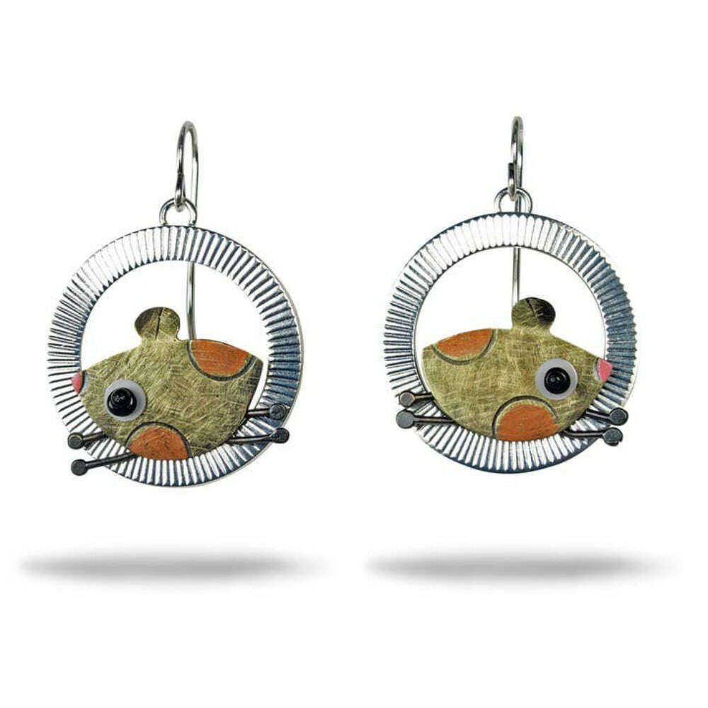 Chickenscratch Hamster Wheel Earrings — handmade sterling silver-plated wheel earrings with brass copper hamster swinging inside, pink nose and glass eye, sterling ear wires