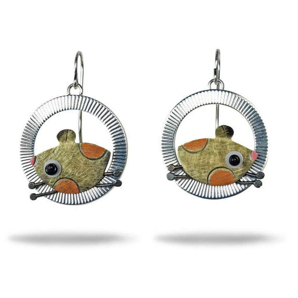 Chickenscratch Hamster Wheel Earrings — handmade sterling silver-plated wheel earrings with brass copper hamster swinging inside, pink nose and glass eye, sterling ear wires